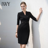IWY/黑色连衣裙女七分袖售楼部干练设计感通勤接待工作服ol正装裙Q1096 商品缩略图0