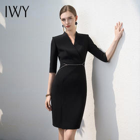 IWY/黑色连衣裙女七分袖售楼部干练设计感通勤接待工作服ol正装裙Q1096
