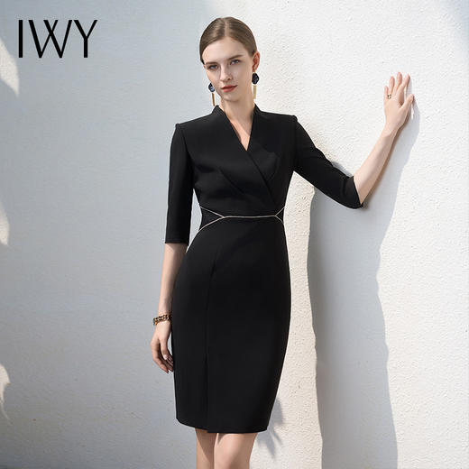 IWY/黑色连衣裙女七分袖售楼部干练设计感通勤接待工作服ol正装裙Q1096 商品图0