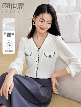 【年终特卖】熙世界小香风撞色织带V领长袖雪纺上衣时尚气质小衫2025秋新款