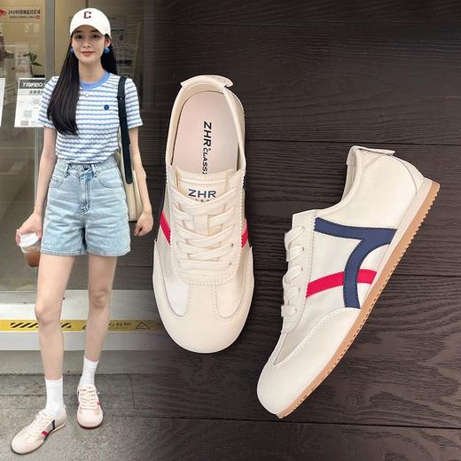 ZHR则则真皮德训鞋女复古平底阿甘鞋女圆头透气运动休闲小白鞋女 商品图1
