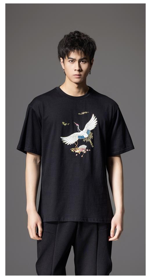 PINLI品立新中式2024夏季新款男仙鹤祥云烫钻短袖T恤BG242111024 商品图1