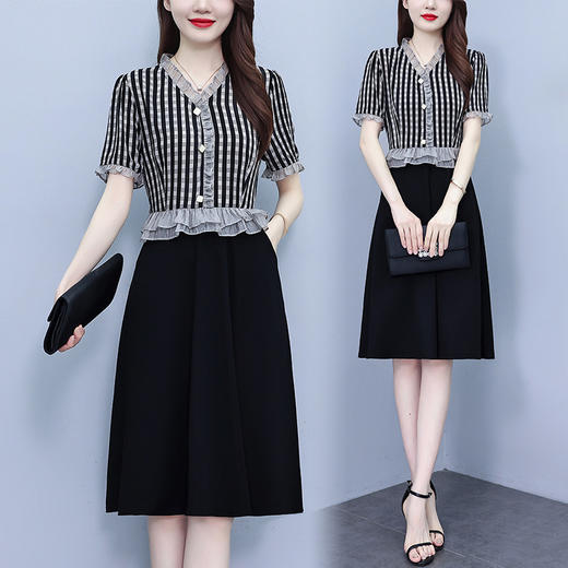 雀说条纹连衣裙新款时尚洋气V领拼接假两件胖MM显瘦中长裙AL8533 商品图5