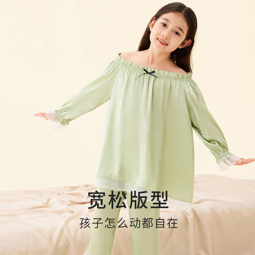 金三塔儿童真丝睡衣100%桑蚕丝蕾丝荷叶边圆领女童家居服衣裤套五分裤  BBY033 商品图3