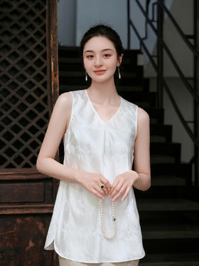 盛唐牡丹 |珍珠白文竹真丝提花背心