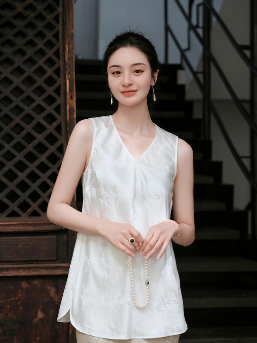 盛唐牡丹 |珍珠白文竹真丝提花背心 商品图0