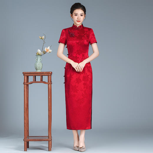 LHS-B129新款醋酸缎改良旗袍连衣裙喜婆婆婚宴结婚礼妈妈装礼服敬酒服高贵 商品图0