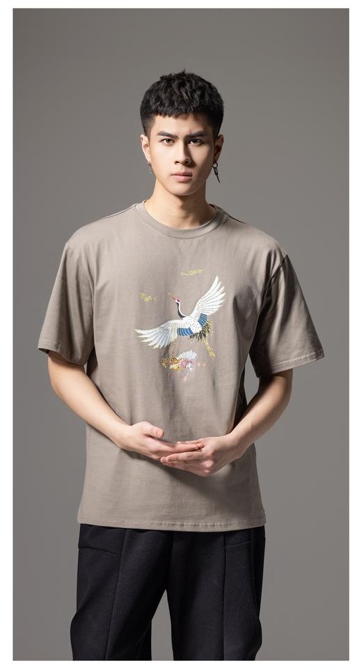 PINLI品立新中式2024夏季新款男仙鹤祥云烫钻短袖T恤BG242111024 商品图9