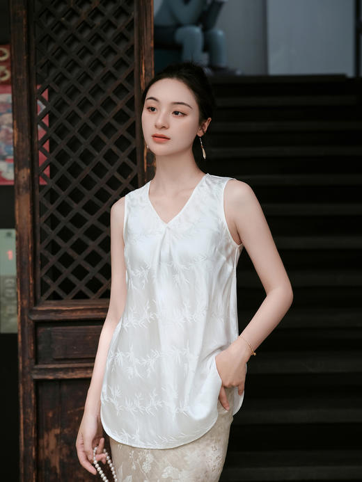 盛唐牡丹 |珍珠白文竹真丝提花背心 商品图1