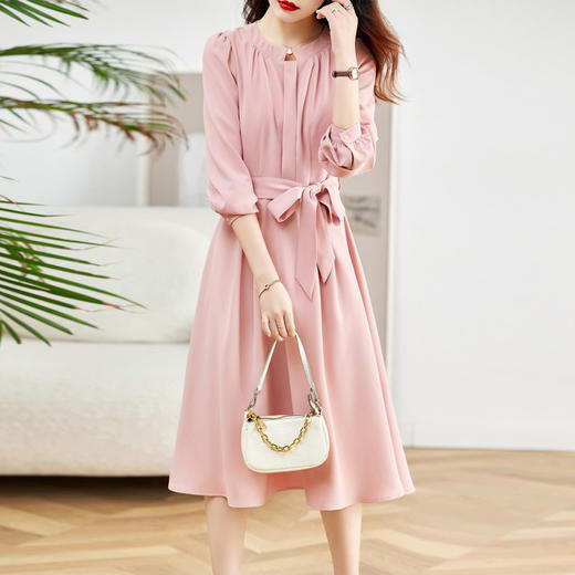 纯色圆领泡泡袖，显瘦气质大摆裙连衣裙HR-QIXFS24019 商品图0