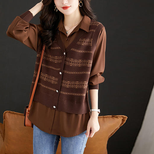 SMZ19367秋装针织假两件上衣女装2024年新款别致洋气长袖时尚Polo领小衫潮 商品图1