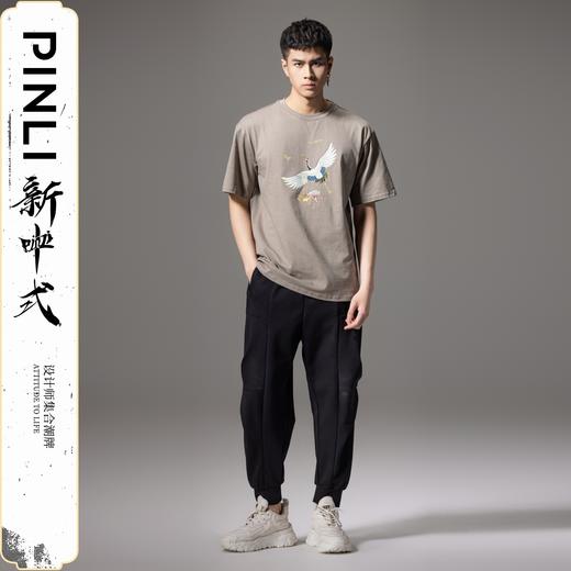 PINLI品立新中式2024夏季新款男仙鹤祥云烫钻短袖T恤BG242111024 商品图4