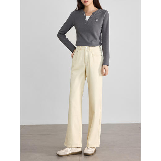 【年货节】熙世界复古杏色阔腿牛仔裤2025秋季新款宽松休闲窄版直筒长裤子 商品图2