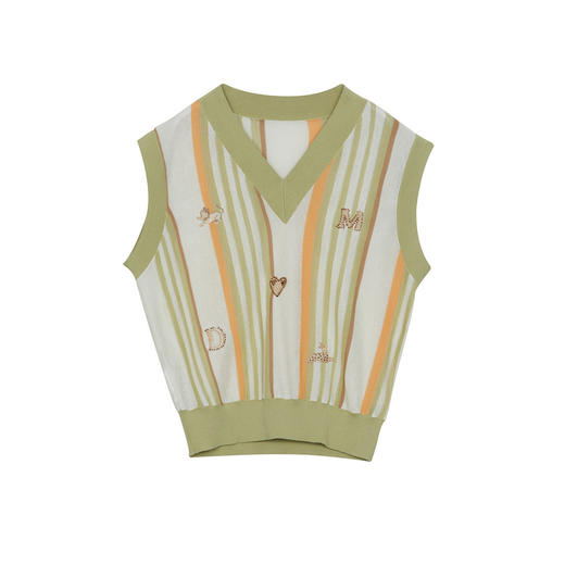 谜底针织马甲女2024秋新品文艺风彩条V领套头针织衫毛衫243MZ1260 商品图4