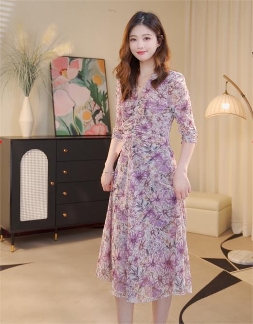 剩S 米思阳2025年秋季法式优雅碎花连衣裙收腰V领中长裙5Y24CL3774 商品图0