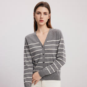 【V领条纹撞色开衫】羊绒世家秋冬新品女士100%山羊绒针织开衫小外套