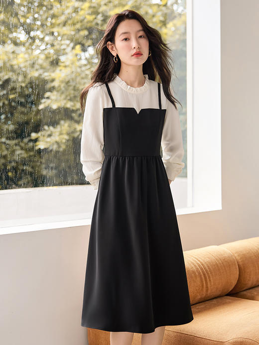 【年终特卖】熙世界拼接假两件连衣裙2025年秋季新款优雅气质减龄显瘦小黑裙 商品图1