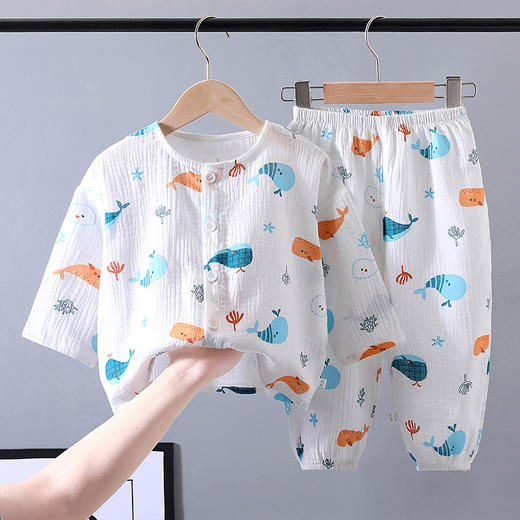 【儿童家居服套装】纯棉可开档睡衣夏季双层纱布宝宝薄款长袖两件套 商品图2