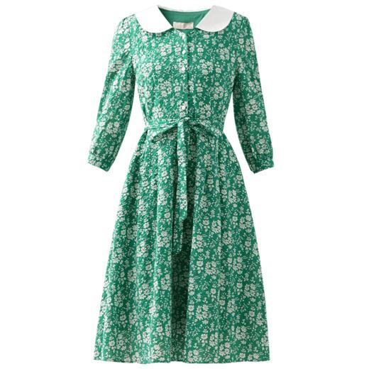 勿忘花绿色纯棉碎花连衣裙女2024年秋季新款女装娃娃领小香风裙子 商品图4