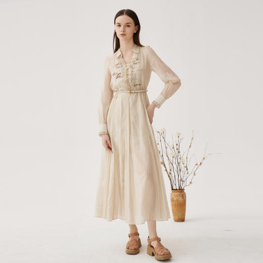 谜底两件套连衣裙长袖2024秋通勤风优雅浪漫长裙配腰带243ML1188 商品图0