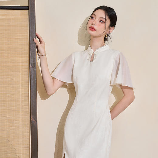 精致典雅小立领荷叶袖连衣裙女春季新款修身古典新式旗袍V0740443 商品图2