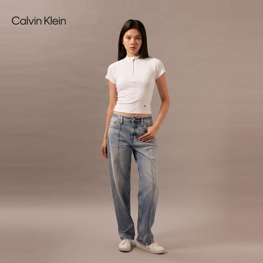 CKJ新款女士简约ck刺绣螺纹拉链半开襟短袖T恤J223564 商品图1