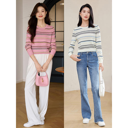 【年终特卖】熙世界多巴胺条纹打底针织衫秋季新款宽松圆领长袖法式撞色上衣 商品图3