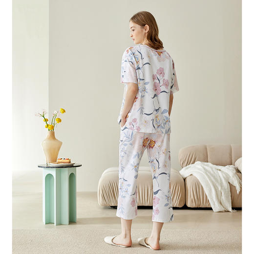 芬腾舒适女夏短袖九分裤圆领韩版薄款宽松休闲全棉大码春夏套装 商品图3