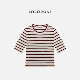 COCO ZONE 100绵羊毛条纹撞色圆领短袖针织衫CC1C1565