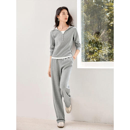 【年终特卖】熙世界休闲运动风套装女春秋灰色套头连帽针织卫衣阔腿裤两件套 商品图3