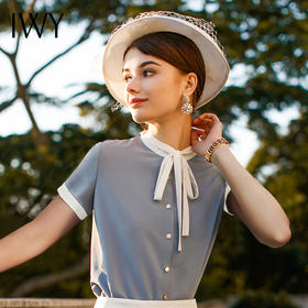 IWY/ 时尚名媛蓝色系带衬衫包臀裙套装职业装女装ol白领面试工作服夏B81