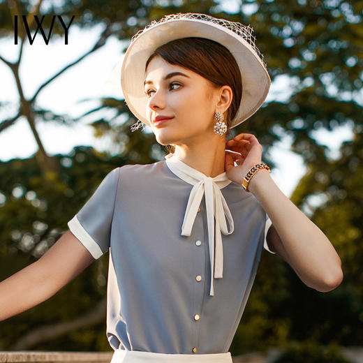 IWY/ 时尚名媛蓝色系带衬衫包臀裙套装职业装女装ol白领面试工作服夏B81 商品图0