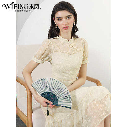 未风杏色雪纺连衣裙女夏2024年夏季新款女装改良旗袍国风短袖裙子 商品图0