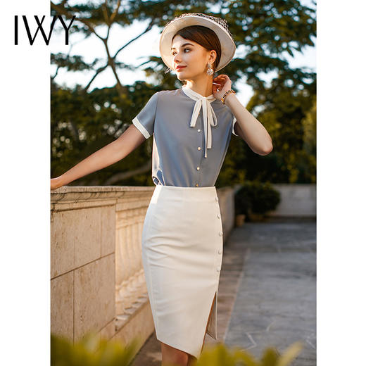 IWY/ 时尚名媛蓝色系带衬衫包臀裙套装职业装女装ol白领面试工作服夏B81 商品图1