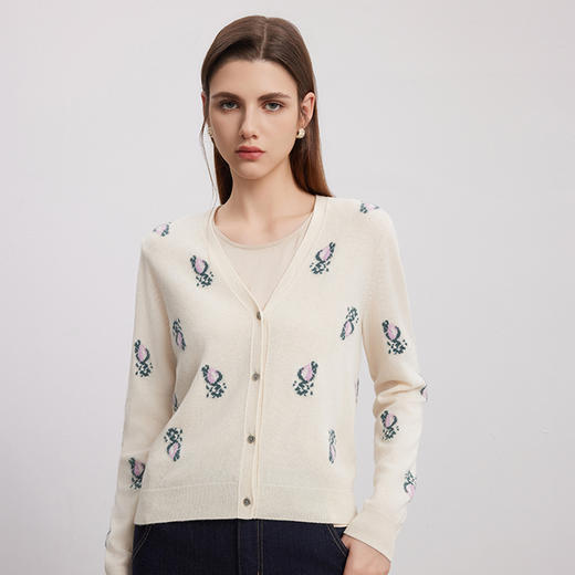 【V领印花针织开衫】羊绒世家秋冬新品女士100%山羊绒薄款开衫小外套 商品图0