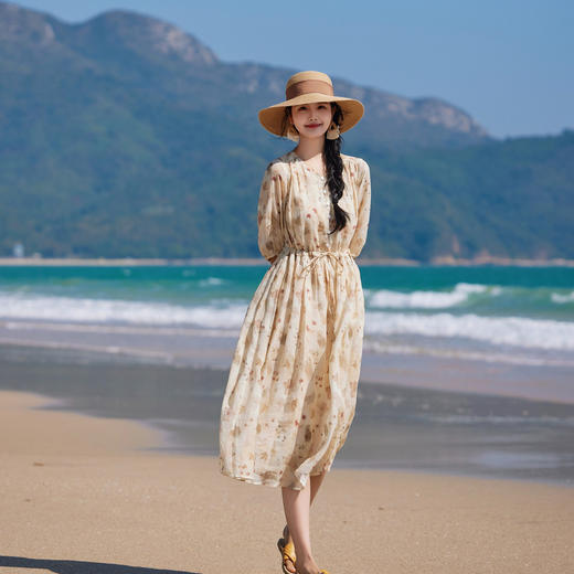 轻薄苎麻印花，中袖连衣裙有内衬旅行长裙 HY2402 商品图3