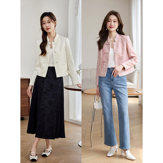 【129选3件，不退换】熙世界新中式国风白色外套短款小个子春秋流苏盘扣提花立领上衣 商品图4