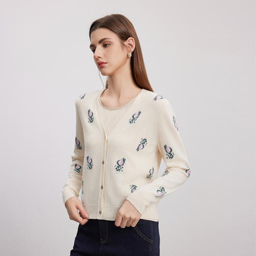 【V领印花针织开衫】羊绒世家秋冬新品女士100%山羊绒薄款开衫小外套 商品图1