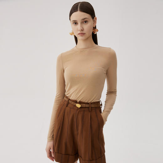 谜底修身T恤长袖女2024秋季新品百搭轻透纯色亲肤上衣243MT1204 商品图0