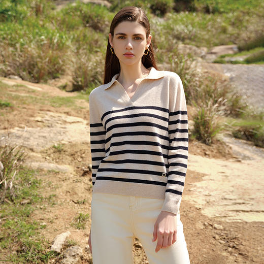 【V领条纹撞色羊绒衫】24年秋冬新品女士100%山羊绒时尚双色毛衣 商品图0