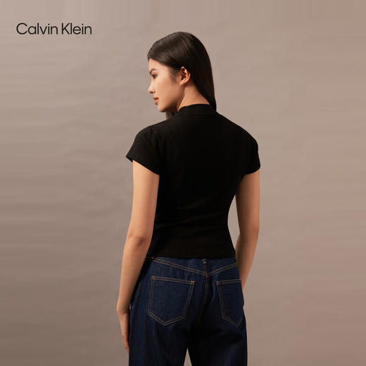 CKJ新款女士简约ck刺绣螺纹拉链半开襟短袖T恤J223564 商品图6