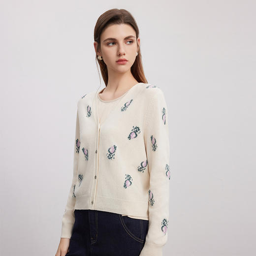 【V领印花针织开衫】羊绒世家秋冬新品女士100%山羊绒薄款开衫小外套 商品图2