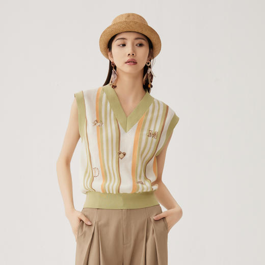 谜底针织马甲女2024秋新品文艺风彩条V领套头针织衫毛衫243MZ1260 商品图0