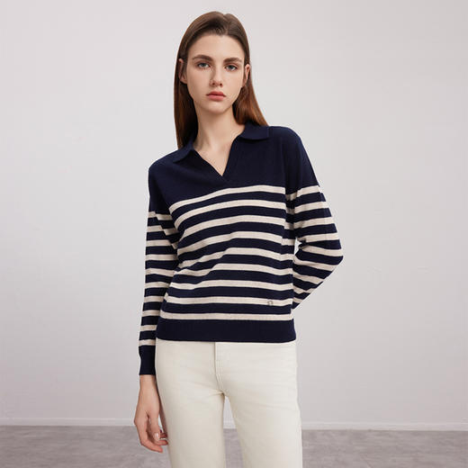 【V领条纹撞色羊绒衫】24年秋冬新品女士100%山羊绒时尚双色毛衣 商品图5