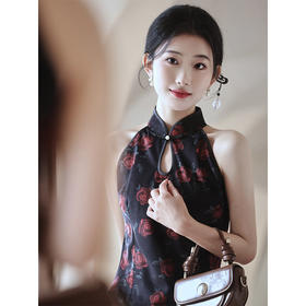 黑色无袖玫瑰旗袍夏季改良新中式LSB2918