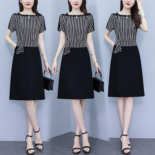 雀说条纹拼接连衣裙女新款时尚洋气韩版假两件简约显瘦中长裙AL8535 商品图3