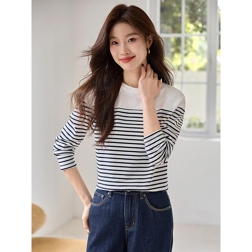 【年终特卖】熙世界蓝白条纹长袖T恤2025春秋新款法式海魂衫内搭宽松打底衫 商品图4