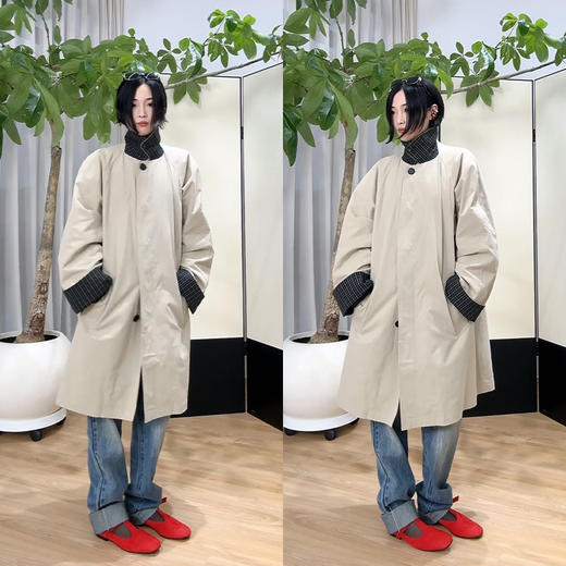 HIDEMI【吴千语同款】极简廓形设计感复古宽肩格纹拼接卷边式长款风衣 黑色/卡其色 商品图1