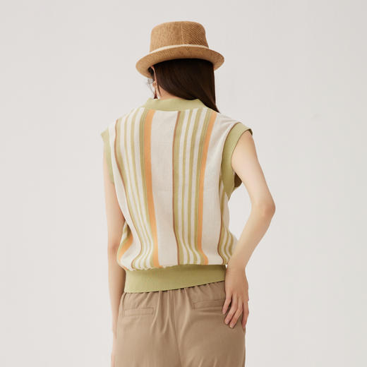 谜底针织马甲女2024秋新品文艺风彩条V领套头针织衫毛衫243MZ1260 商品图2