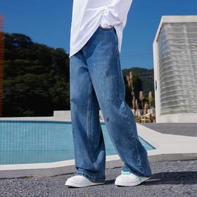 YKYB牛仔裤潮牌秋季新款蓝色街头嘻哈裤子宽松阔腿老爹直筒长裤